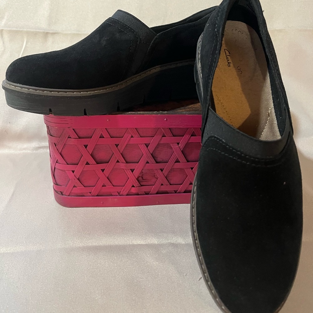 CLARKS Airabell Black Suede Lightweight Platform Comfort Oxford Shoes Size 8